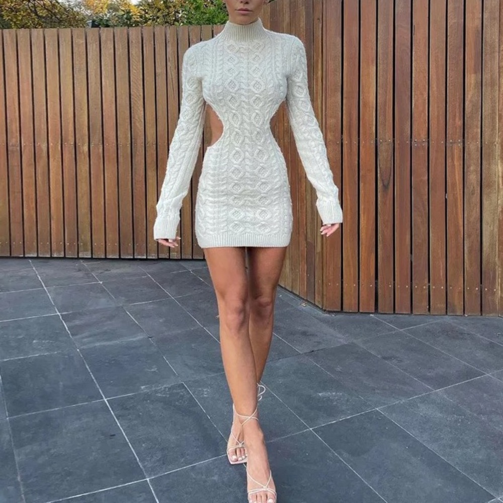 Dreamy Cable Knit Cream Open Back Sweater Dress - Picture 6 of 15